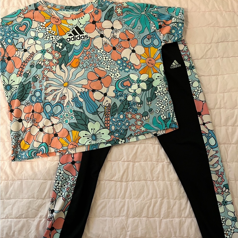 Adidas Kids Floral Leggings & Shirt Set- Black and Multicolor